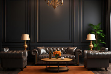 Luxury living room with leather sofa and black furniture in a dark room, Interior in the style of retro classic