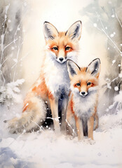 Fototapeta premium Foxes. Watercolour winter planner pages A4 size, digital papers, winter designs.