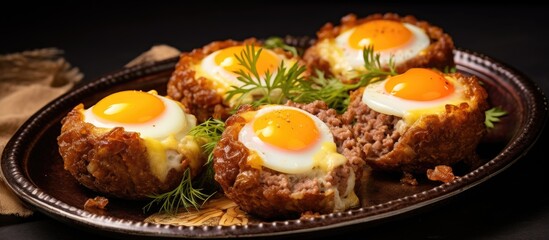 Healthy bird nests made of baked minced meat cutlet stuffed with eggs and cheese - obrazy, fototapety, plakaty