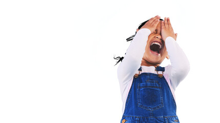 Scared, horror and kid screaming, cover face and hands or isolated on transparent png background....