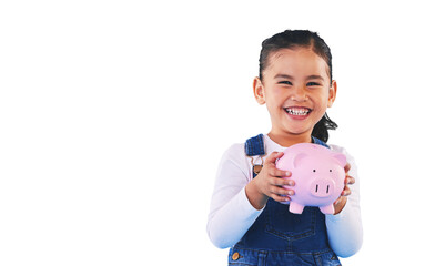 Child, smile and piggy bank for money, face and isolated on transparent png background. Happy...