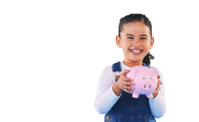 Child, smile and piggy bank for money, face and isolated on transparent png background. Happy female person, girl and security for future, investing and cash growth in container, coin and safety