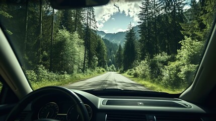 Driving through a green forest in the mountains. HIgh altitude conifer forest. Dirt road trail. Drivers seat