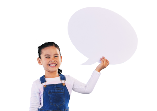 Isolated girl child, speech bubble and portrait with excited smile, quote or mockup by transparent png background. Kid, poster and space for promotion, voice and feedback in review for social media - Powered by Adobe