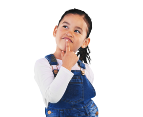 Thinking, kid and girl with idea, decision and problem solving isolated on png transparent background. Happy, child or model with doubt, planning or inspiration and questions, remember or opportunity
