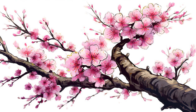 Pink cherry blossom sakura on white background,Beautiful blossoming branches