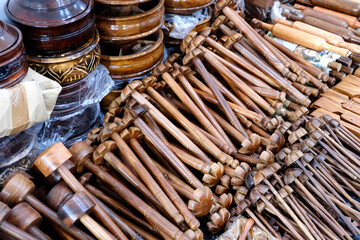Wooden kitchenware and decorations sold in traditional crafts fair in Pune, India.