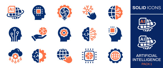 Artificial intelligence icon set. Collection of machine learning, innovate, connect, network and more. Vector illustration. Easily changes to any color.