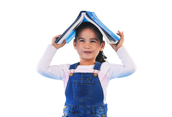 Isolated girl child, book and head with vision for learning, school or security by transparent png...