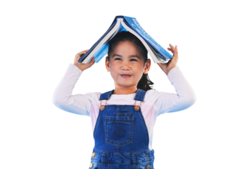 Isolated girl child, book and head with vision for learning, school or security by transparent png background. Kid, story and sign of home, library or academy for reading, education and knowledge
