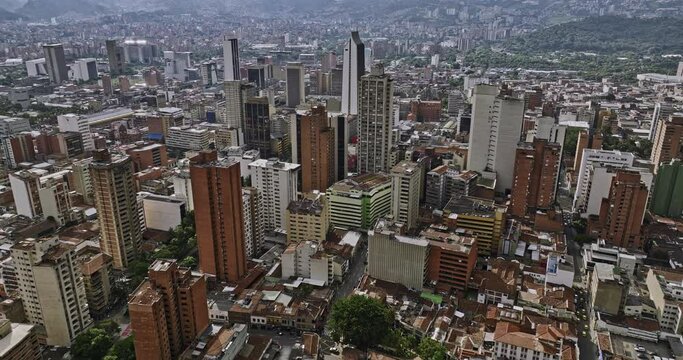 Medellin Colombia Aerial v47 birds eye view flyover La Candelaria capturing downtown cityscape of business center, high rise buildings and busy street traffics - Shot with Mavic 3 Cine - November 2022