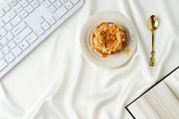 Close up of tartlet with almond petals