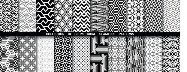 Geometric set of seamless black and white patterns. Simple vector graphics