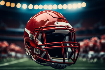 Close-up shot of American football helmet lying on green field of football stadium. Protective helmet with wire mask is an important element of a football player's equipment. Blurred background.