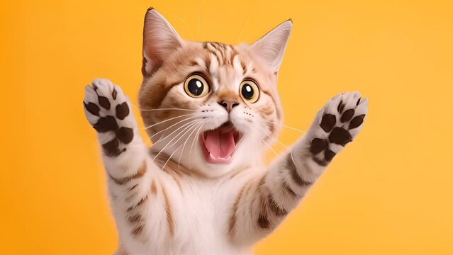 Happy surprised cat jumping and having fun. AI generated.