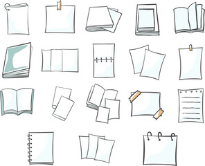 Paper, book, note book and note paper doodle illustration for decoration on education, work. read and document concept.