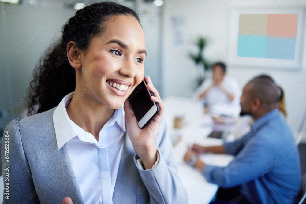 Wall mural Happy woman, phone call and meeting for business communication, discussion or networking at office. Face of female person or employee smile talking on mobile smartphone for conversation at workplace