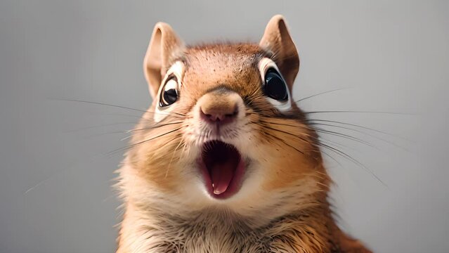 Studio portrait of happy surprised chipmunk with open mouth. AI generated.
