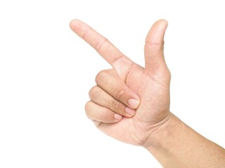 Male hand pointing finger to the side The idea of pointing at something, such as an object or text. Isolated on a white background.