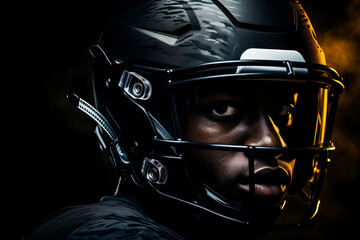 Fototapeta premium Studio portrait of professional American football player in black uniform. Determined, powerful, skilled African American athlete wearing helmet with protective mask. Isolated in black background.