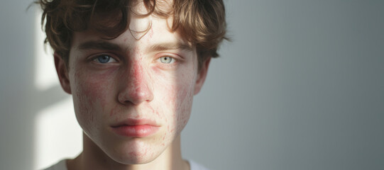 Close-up of young teenager with severe rosacea skin problems - obrazy, fototapety, plakaty