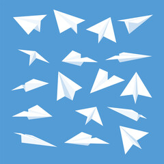 Set of handmade paper planes collection on transparent background. Origami aircraft in flat style, airplane folding paper on isolated background, vector illustration