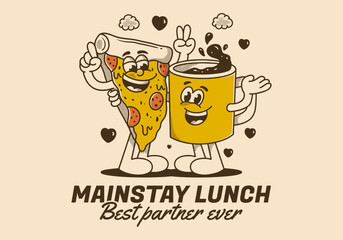 Mainstay lunch, best partner ever. Mascot character of a coffee mug and a slice pizza