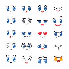 Set of Kawaii Cute Face with round eyes big, Emoticon Collection, Manga style eyes and mouths, Funny cartoon japanese emoticon in in different Expression anime character, vector illustration. - obrazy, fototapety, plakaty