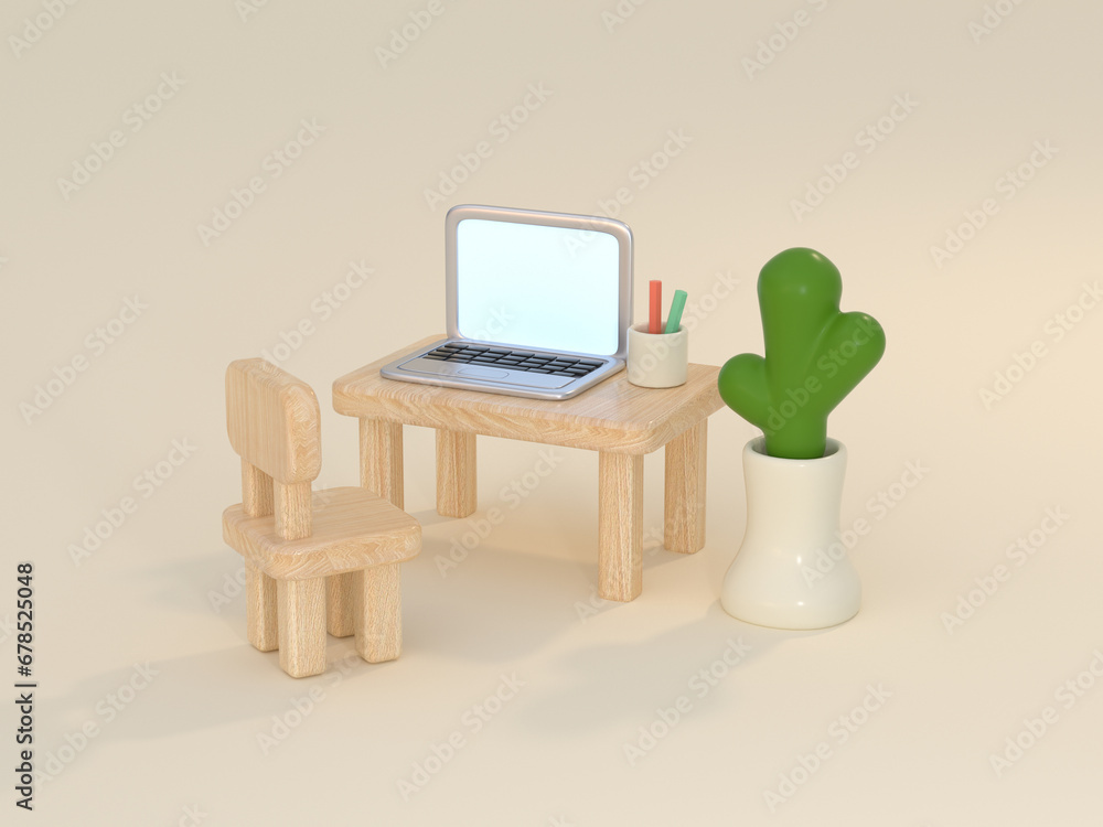 Poster computer laptop on table 3d rendering cartoon style minimal cream scene