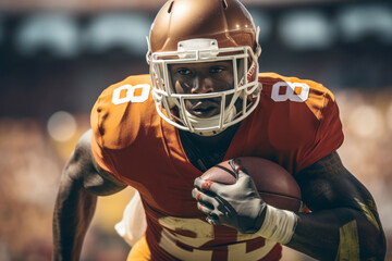 Close-up of professional American football player running with the ball across the stadium field. Determined, powerful, skilled African American athlete ready to win the game. Blurred background.