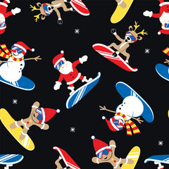 Santa Claus, Snowman, Gingerbread and Christmas reindeer snowboarding in ski goggles and Santa Claus hat. Seamless pattern. Vector illustration.