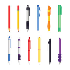 Set of Pencil and Pen Collections, Ballpoint Mechanical Pen and Eraser Pencil Stationery for Education Student and Collage, Business Tool Accessories. Vector Illustration