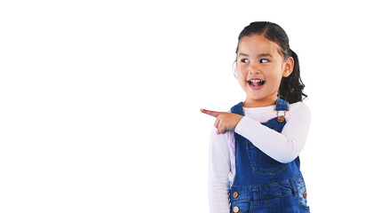 Wow, excited and girl child with hand pointing to isolated, transparent or png background. Omg,...