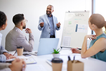 Business growth, training and black man with presentation in meeting for strategy for startup progress. Businessman, coach or teaching staff about planning, profit or economy analysis on whiteboard - obrazy, fototapety, plakaty