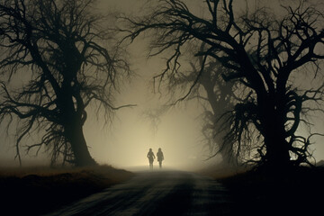 Horror, fantasy, states of mind concept. Two human silhouettes walking on empty winding road during dense fog at night. Old big without leaves tree silhouettes growing in both sides of the road