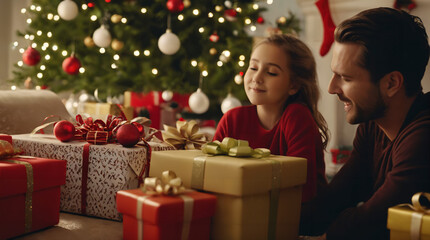Fototapeta na wymiar a man and a little girl opening presents under a christmas tree with a christmas tree in the background and a lit christmas tree,promotional image,a stock photo,les automatistes,