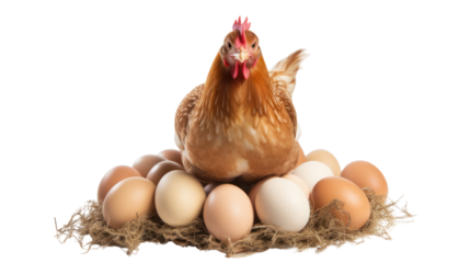 Chicken mom broods eggs on the transparent background