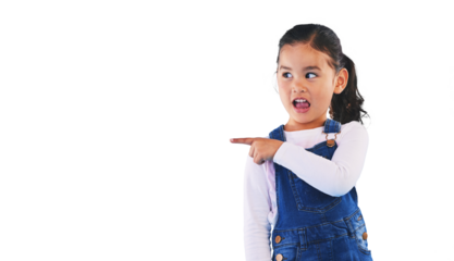 Wow, surprise and girl child with hand pointing to isolated, transparent or png background. Omg, finger or kid with emoji face for announcement, news or information, promo or shocking gossip or drama