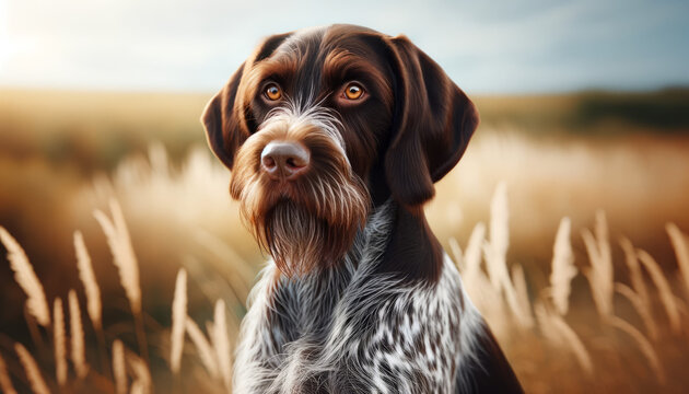 Full-body portrait of a German Wirehaired Pointer, designed in a 16:9 image ratio, suitable for use as a desktop background