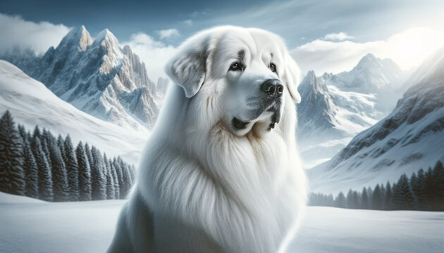 Full-body portrait of a Great Pyrenees, designed in a 16:9 image ratio, suitable for use as a desktop background
