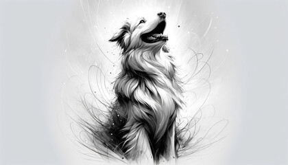 Grayscale abstract sketch of a happy dog in a joyful and uplifted mood