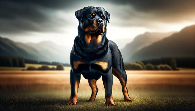 Full-body portrait of a Rottweiler, designed in a 16:9 image ratio, suitable for use as a desktop background