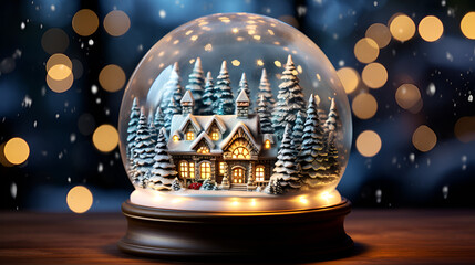Fototapeta na wymiar christmas ball with candle light, A snow globe with a house and trees inside