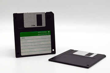 Floppy disk of 1.4 megabytes isolated on white background. Old storage disc for computer.