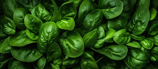 Close up of fresh green spinach leaves with a textured background