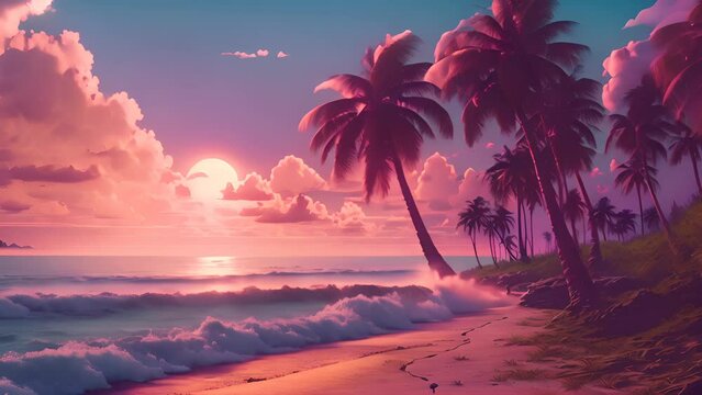 Vaporwave palm trees on the beach at sunset. Retrowave background. AI generated.