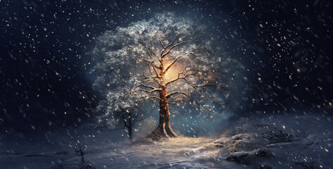 rain in the night, tree in the night, christmas tree in the night,  - obrazy, fototapety, plakaty