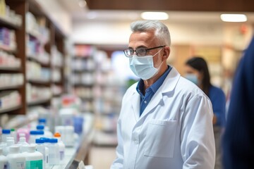 Portrait of mature Caucasian male pharmacist wearing glasses and protective mask among shelves of medicines in pharmacy. Experienced confident professional in workplace. Healthcare and hygiene concept