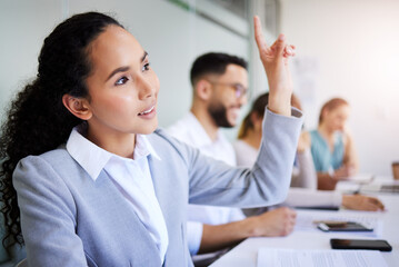 Seminar woman, business people and hand raised to ask questions about project report, presentation speech or sales pitch. Row, tradeshow crowd and group employee engagement at conference convention