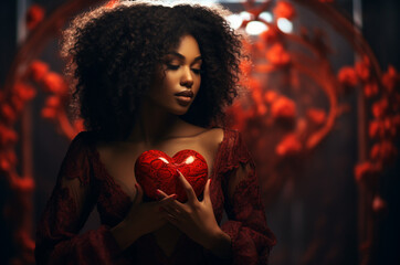 Black woman with heart in hands for valentine is day